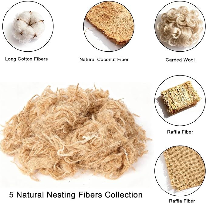 Natural Bird Nesting Materials, 4 Kinds Mixed Fibers (Jute, Hemp, Cotton, Grass), Professional Ratio Safe Nesting Pads for Budgies, Parrots, Finches, Canaries & Other Small Birds (200g/7oz)