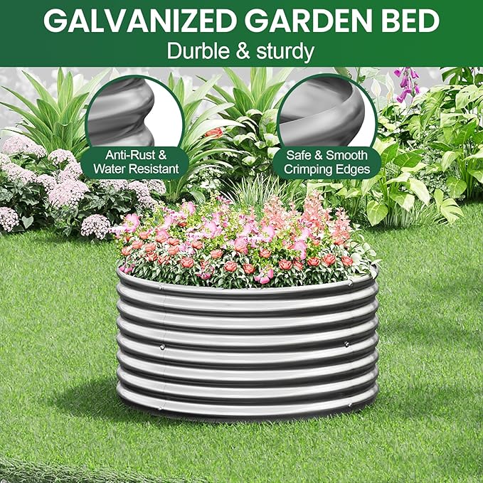 4 Pack 3x3ft Round Galvanized Raised Garden Bed Outdoor, Metal Garden Bed for Vegetables, Above Ground Garden Box for Flower, Steel Raised Beds for Gardening - 3ftx3ftx10inch