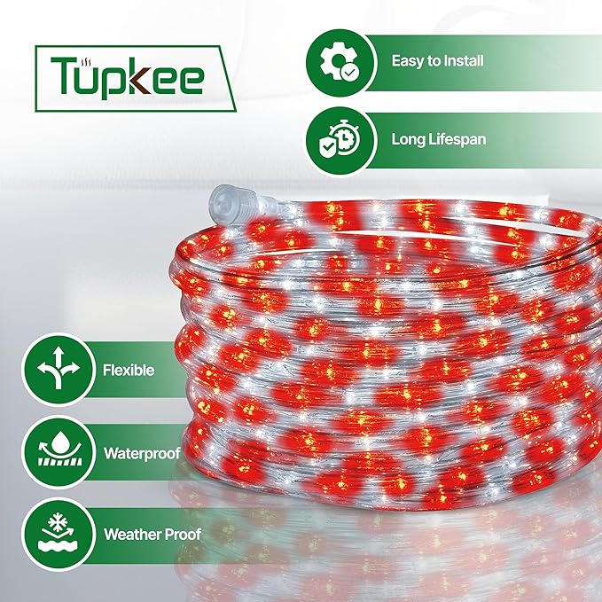 Tupkee LED Rope Light Red & Cool White - for Indoor and Outdoor use, 24 Feet (7.3 m) - 10MM Diameter - 144 LED Long Life Bulbs Rope Tube Lights - Pack of 2