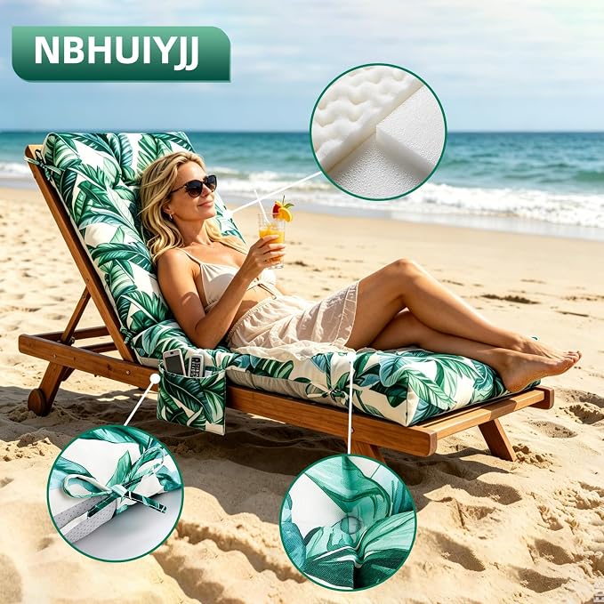 Patio Chaise Lounge Cushions, 68"x21"x4.5" Waterproof Replacement Beach Pool Lawn Outdoor Lounge Chair Cushion with Pocket, Non-Slip Bottom & Secure Ties for Outdoor Furniture, Tequila