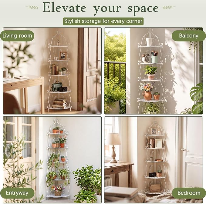 Gisafai 5 Tier Outdoor Corner Plant Stand, Corner Bakers Rack, No Assembly Required Metal Corners Shelf, for Patio Garden Balcony Indoor Outdoor Decor (White)