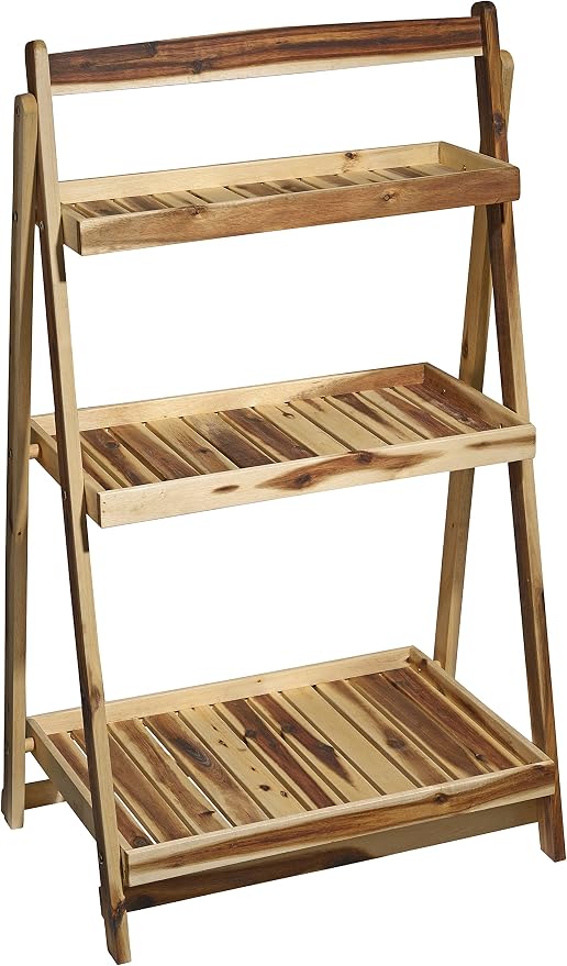 Classic Home and Garden 3 Tiered Acacia Wood Plant Stand - Ladder Plant Stand for Indoor & Outdoor Use - Linseed Treated Wooden Shelf Stand for Plants - Plant Shelves for Home & Garden (45" H x 27" L)
