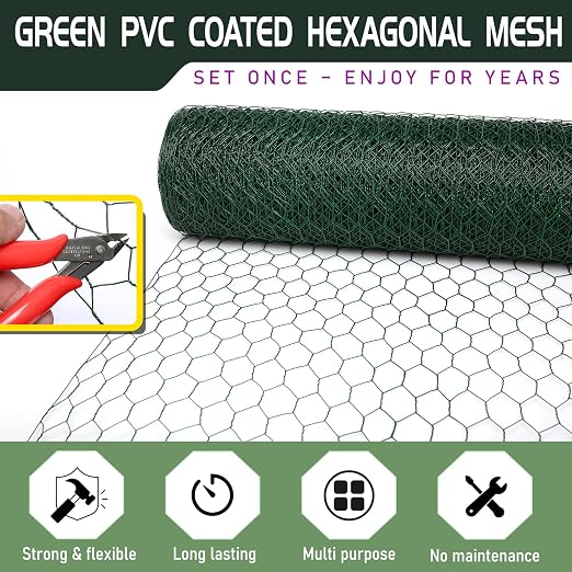 24in×150ft Chicken Wire Roll Hexagonal Netting Galvanized PVC Coated 1in Mesh Garden Poultry Fencing Barrier Animal Plants Hardware Cloth Crafts for/Rabbit/Floral/Chicken Coop/DIY Projects