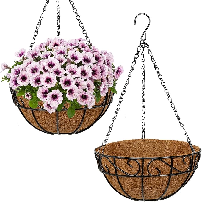 2 Pack 10 inch Metal Hanging Baskets for Plants, Round Metal Wire Hanging Basket Planter with Coco Fiber Liners Chain for Garden Home Porch Patio, Flower Border