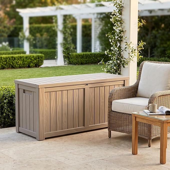 120 Gallon Outdoor Storage Box - Waterproof Resin Deck Box with Stainless Steel Rods - Lockable & UV Resistant Storage Bin for Patio Cushions & Garden Tools - Stylish Grey Design