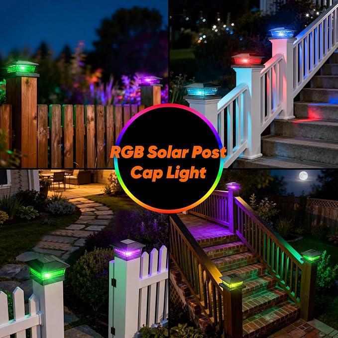 Solar Post Cap Lights with 8 RGB Solid Colors & Color Changing, 8 Pack Deck Post Lights for Patio Garden Porch, Waterproof Fence Post Solar Lights for 4x4 5x5 6x6 Vinyl/Wooden Posts, Black