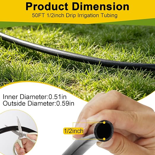 1/2 Inch Irrigation Tubing, 50FT Drip Irrigation Tubing for Garden, Flexible Poly Drip Irrigation Hose for Raised Beds, Greenhouse, Lawn, Yard Watering System