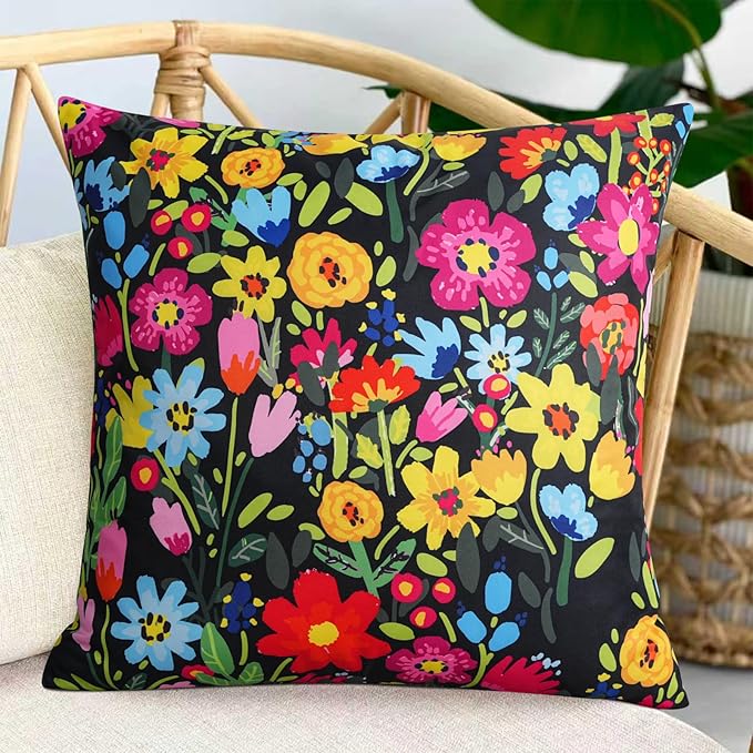 Adabana Spring Outdoor Waterproof Floral Pillow Covers Set of 2 Square Colorful Couch Cushion Cases 16x16 Inch Waterproof Decorative Pillows for Patio Garden Beach,Black