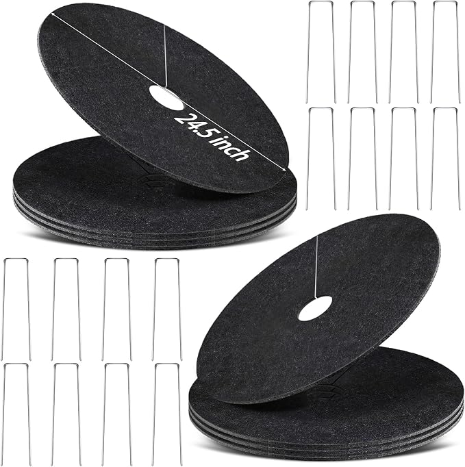 8 Pack Non-Woven Tree Mulch Ring, 24.5 Inch Tree Protection Mat, Weed Barrier Round Mats with 16 Staples Stakes for Weed Growth RootProtection Resistant and Reusable