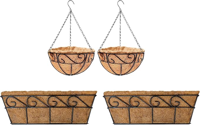 LaLaGreen Bundle- 2 Pack, 12 Inch Hanging Basket with Coco Liner + 2 Pack, 16 Inch Rectangular Metal Basket with Coco Liner Attach House Window Rail Flower Box Country Style Balcony Porch Garden Decor