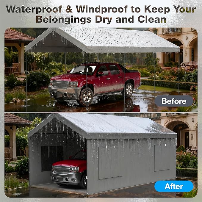 2 Pack Carport Canopy Replacement Sidewalls with Roll-up Windows, 2 Pack Zipper Doors for 10x20FT, Waterproof & UV Protected, Easy Assembly with Ball Bungees, Grey (Frame and Top Cover Not Included)