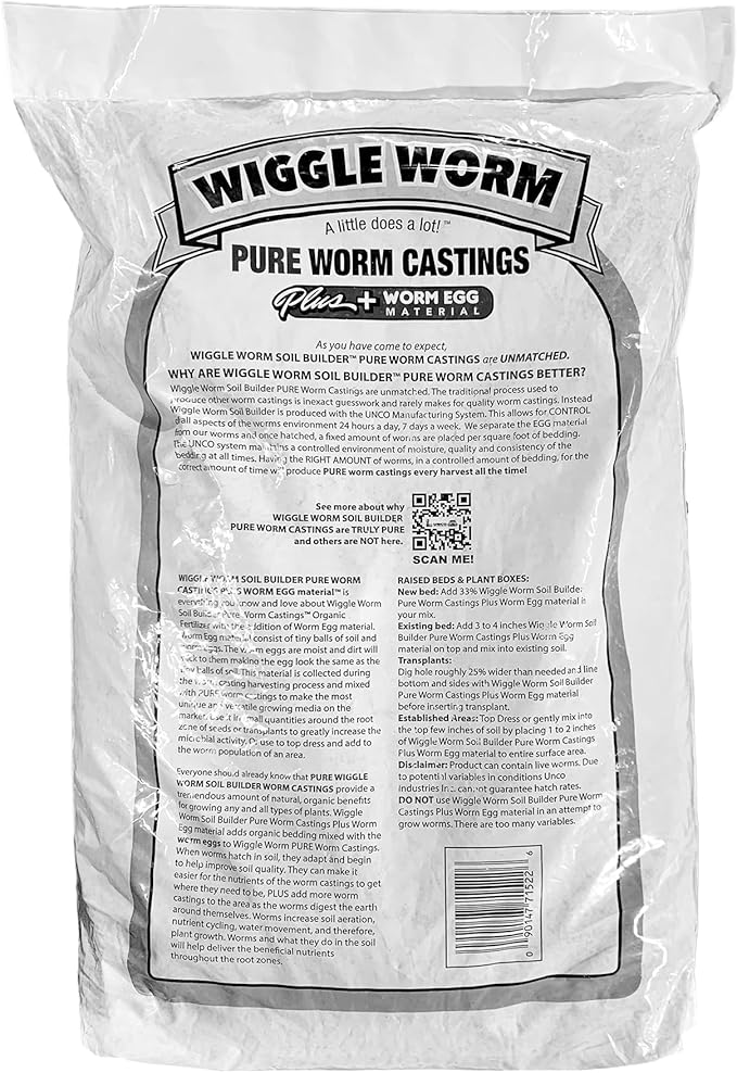 Wiggle Worm 100% Pure Worm Castings Plus Worm Egg Material, 40lbs - Fertilizer and Soil Amendment for Indoor and Outdoor Gardening to Improve Soil Fertility and Aeration - 100% Organic and Odor Free