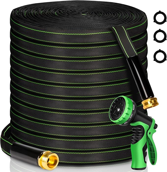 Garden Hose 100 ft Water Hose Flexible Heavy Duty Outdoor Lightweight No Kink Long Non-Expandable High Pressure Flat Hoses Pipe 100’ Strong 3/4’’ Brass Fitting for Outside Yard Lawn Car Wash
