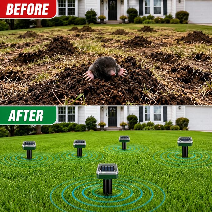 Ultrasonic Solar Mole Repeller – Long-Lasting Outdoor Rodent Deterrent for Yard Flower Beds Garage, Effectively Repels Moles Gophers Voles Shrews-10Pack