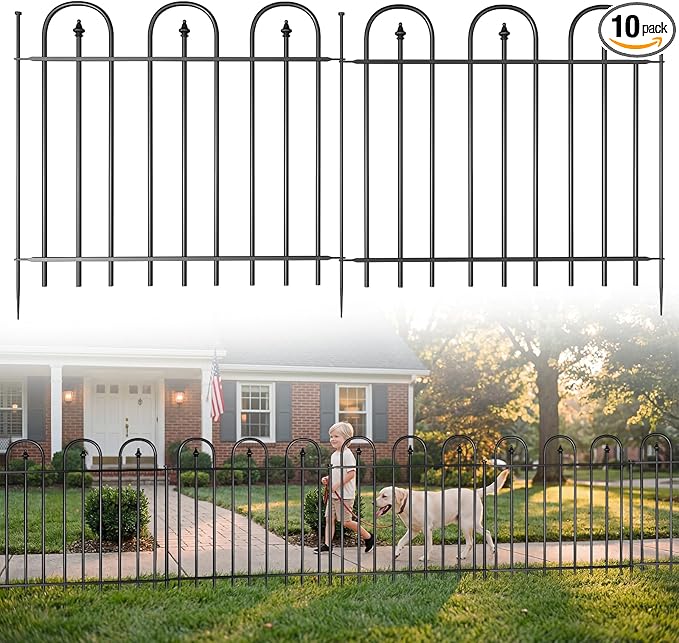 Garden Fence Animal Barrier - 10 Panels, 24 in(H) x 24 ft(L) No Dig Garden Fence, Arched Decorative Garden Fence Border with Ground Stakes, Rustproof Metal Fencing for Yard Patio Dog Rabbit