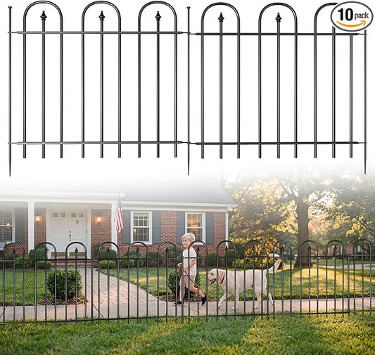 Garden Fence Animal Barrier - 10 Panels, 24 in(H) x 24 ft(L) No Dig Garden Fence, Arched Decorative Garden Fence Border with Ground Stakes, Rustproof Metal Fencing for Yard Patio Dog Rabbit
