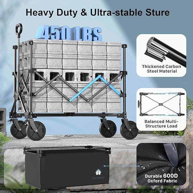 39" Collapsible Wagon Cart, 450 lbs Heavy Duty Folding Wagon with Brakes, Adjustable 150L-300L Utility Wagon with All-Terrain Wheels for Camping, Garden, Beach and Shopping