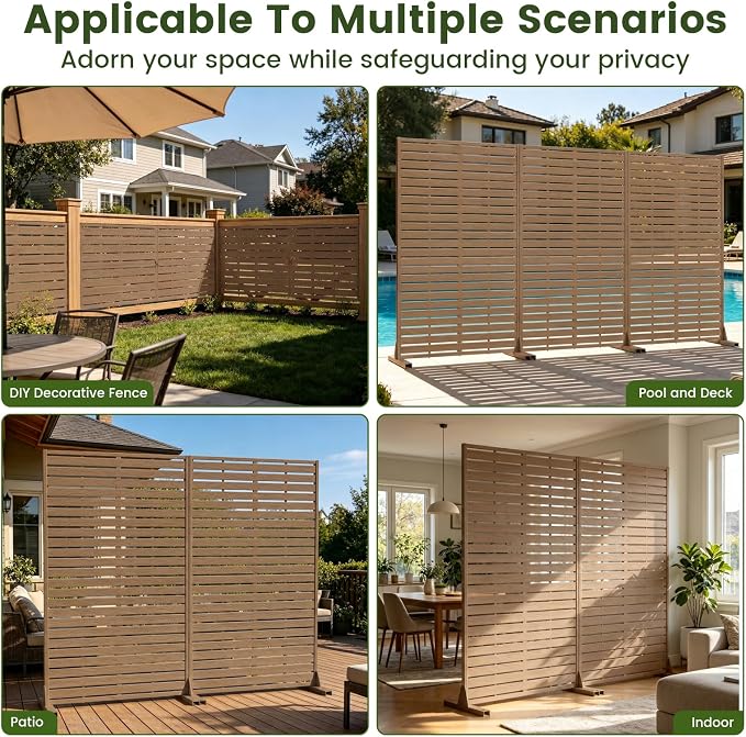 Outdoor Privacy Screen 60" H HDPE Decorative Panel Freestanding Privacy Fence with Stand, Privacy Screens with Louvered 5 Panels, Weather-Resistant Panel Fence for Patio,Balcony,Pool,Brown
