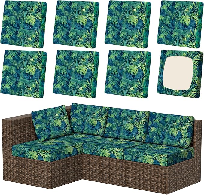 8Pcs Patio Stretch Cushion Covers, Outdoor Couch & Sofa Replacement Slipcovers for Patio Furniture Cushion Covers, Washable Reusable Furniture Protector, Square Large, Rainforest