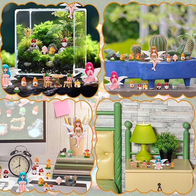29Pcs Fairy Garden Accessories, Miniature Garden Ornaments Landscape Decorations Mini Fairy Figures Gnome Figure Animal Plant Furniture Set for DIY Terrarium Potted Plants Dollhouse Desk Decor