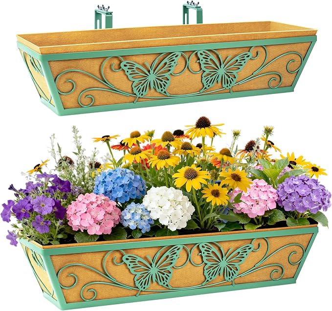2 Pack 24 Inch Railing Planter Boxes Window Box Planters with Liner | Adjustable Bracket, Heavy Duty Hanging Basket, Metal Butterfly Decor, Retain Moisture Liner, Vibrant Spring Green