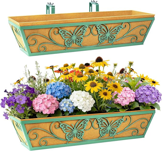 2 Pack 24 Inch Railing Planter Boxes Window Box Planters with Liner | Adjustable Bracket, Heavy Duty Hanging Basket, Metal Butterfly Decor, Retain Moisture Liner, Vibrant Spring Green