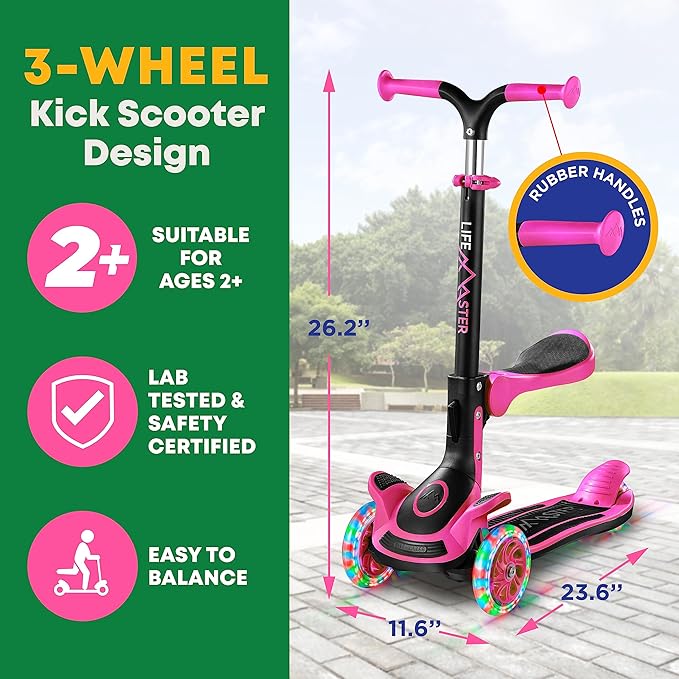 3 Wheel Scooter for Kids with Foldable Seat, Adjustable Handlebar Height, Lean-to-Steer Ride On Toy for Kids Ages 2+, Light-Up LED Wheels, Wide Anti Slip Deck, Indoor & Outdoor Use