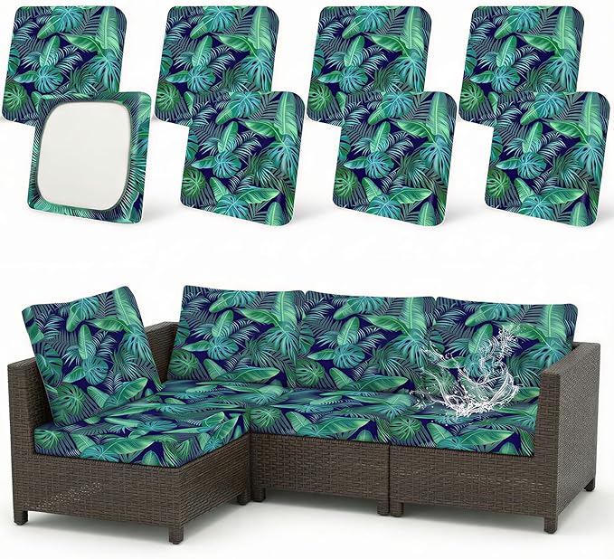 8 Pack Outdoor Cushion Covers Water Resistant High Stretch Fit Patio Cushion Covers 180g Couch Seat Slipcovers Machine Washable Pet & Kids Friendly Home Refresh 20-27 Inch, Palm Leaves