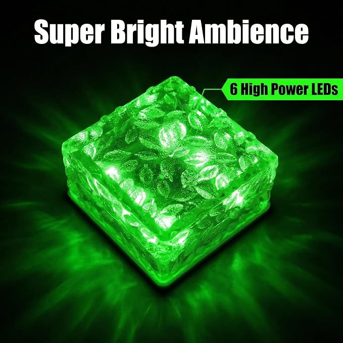 Solar Powered LED Acrylic Brick Lights, Multicolor Water Ripple Design, Waterproof In-Ground Landscape Path Lights for Outdoor Garden Patio Walkway (Green)
