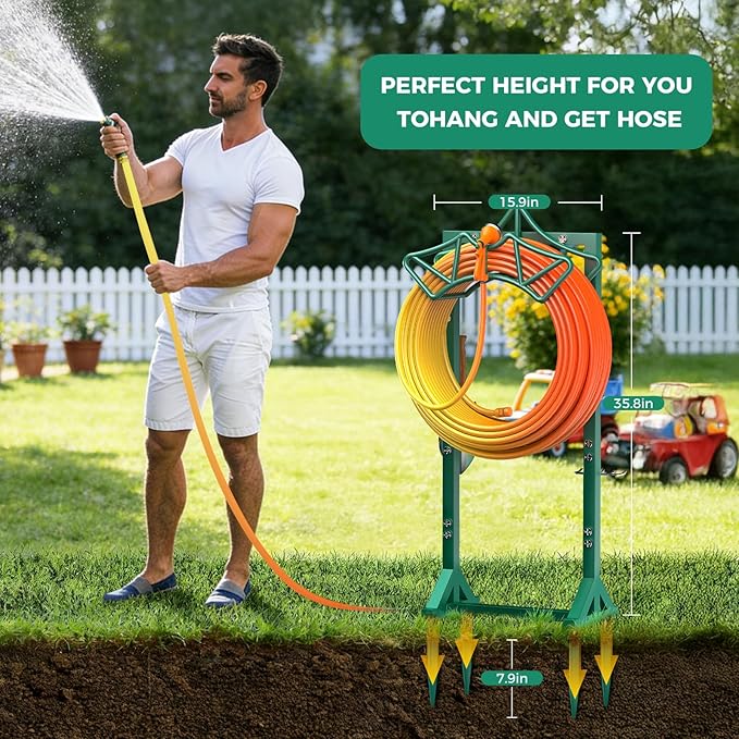 Garden Hose Holder with 2 Tool Hooks, Heavy-Duty Freestanding Hose Holder Holds 160Ft Hoses, Rustproof Freestanding Hose Stand with 4 Spikes Water Hose Hanger Storage Reel Rack for Outside, Yard, Lawn