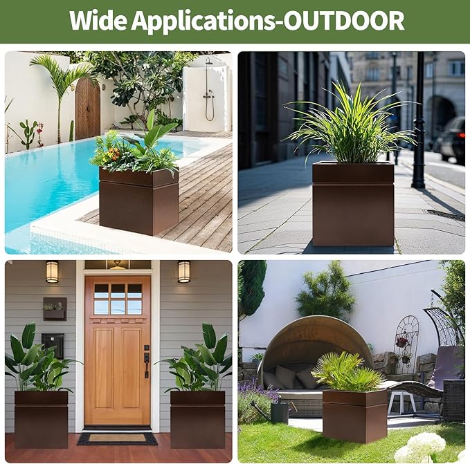 Matel Planter Box 17" L x 17" W x 18" H, Cube Heavy Duty Powder Coating Steel Planters with Drainage Hole, Indoor Outdoor All-Weather Use for Home, Porch, Patio, Garden(Bronze)