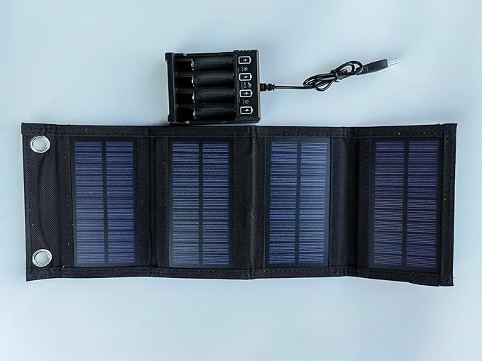 Solar Charger with 6 Watt Portable Solar Panel for 1.2V AA & AAA Ni-MH Ni-CD Rechargeable BatteriesWith 6 Watt Solar Panel and 4-Bay USB AA & AAA Charger