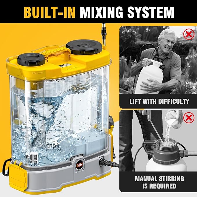 Battery Powered Backpack Sprayer 5.3Gal Compatible with DeWalt 20V Battery(NOT Included), Equipped with Mixing System, Backpack Garden Sprayer with 6 Spray Nozzles for Lawn, Garden, Yard