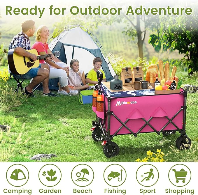 Blomoba Collapsible Wagon Cart, 150L Heavy Duty Foldable Beach Wagon with Wider Wheels & Auto-Rebound Handle, Utility Grocery Shopping Cart for Garden, Shopping, Camping, Sports, Pink