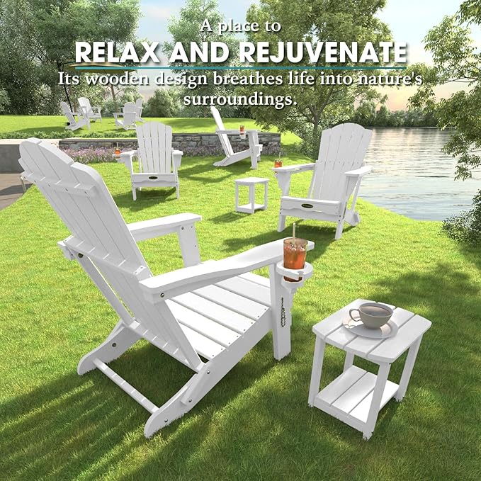 THOEOE Folding Adirondack Chair,HDPE All-Weather Outdoor Chair with Cup Holder,Wooden Textured,Fire Pit Chair,Plastic Patio Chair for Deck,Backyard,Garden,Lawn, White