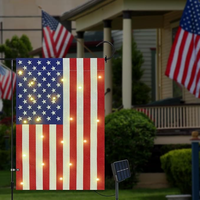 Lighted American Garden Flag 12 x 18 Inch Double Sided Burlap Led 4th of July USA Garden Flag for Independence Day Party Yard Outdoor Decoration