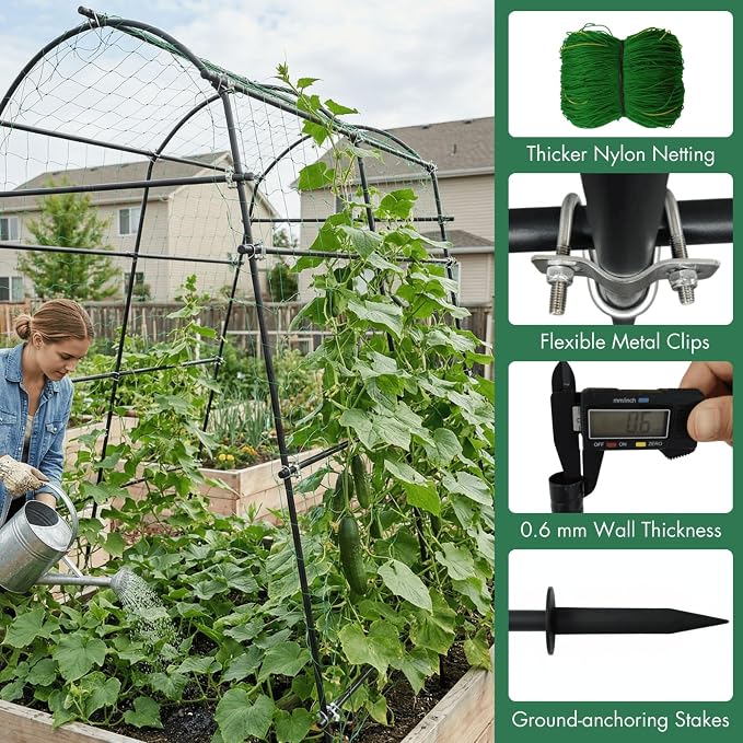 7ft Garden Arch Trellis for Climbing Plants Outdoor-Heavy Duty Metal Cucumber Trellis for Raised Beds- Tall Steel Vegetable Arbor with Strong Bolt Assembly & Outdoor-Ready Stakes