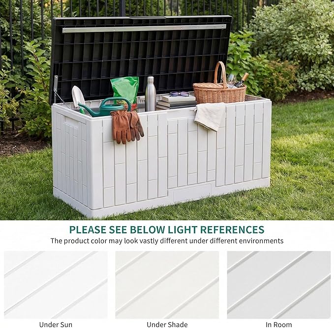 YITAHOME Large Deck Box 120 Gallon Resin Outdoor Storage Box w/Slide-Locking Black Lid, Patio Storage Bin for Outdoor Pillows, Garden Tools and Pool Supplies, Waterproof, Lockable, Grayish-White