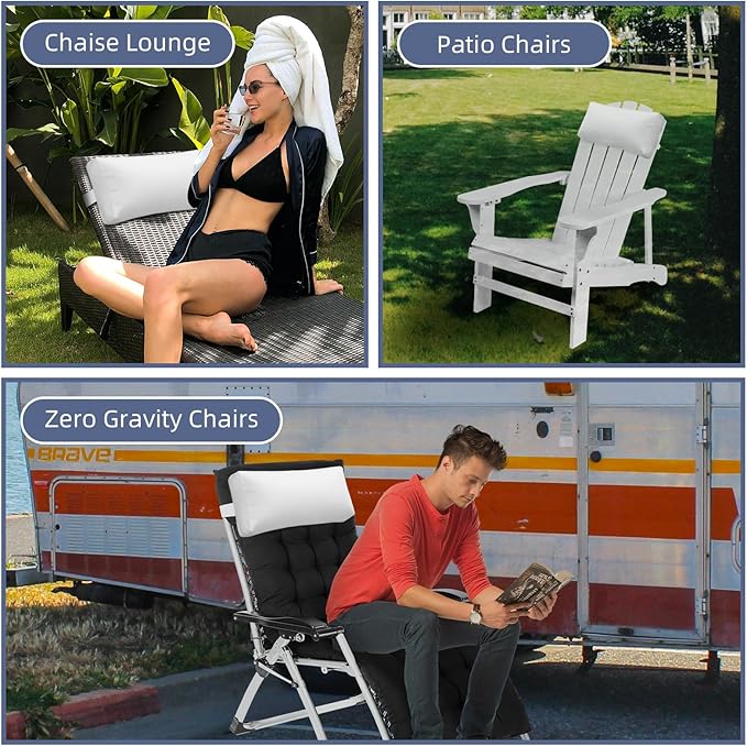 Chaise Lounge Head Pillow, 2 Pack Outdoor Patio Pillows with Adjustable Strap, Lounge Head Resting Pillow for Recliner Beach Pool Lounger Office Chair(White,Water Resistant)