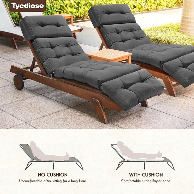 Outdoor Chaise Lounge Chair Cushion Set of 4, Thickened 74.4 x 22 x 4.7 Inches Memory Foam Waterproof Lounge Chair Cushions Replacement for Outdoor Furniture with Ties, Grey