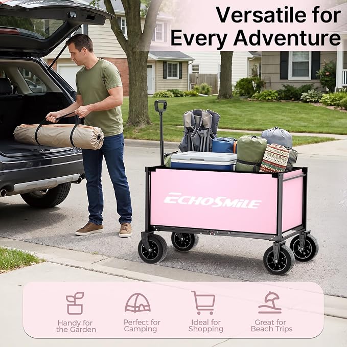 EchoSmile Collapsible Wagon Cart for Camping & Beach - Heavy Duty 400lbs Capacity All-Terrain Cart with Wide Wheels, Portable Folding Utility Wagon for Grocery, Garden, Sports,Pink&Gray