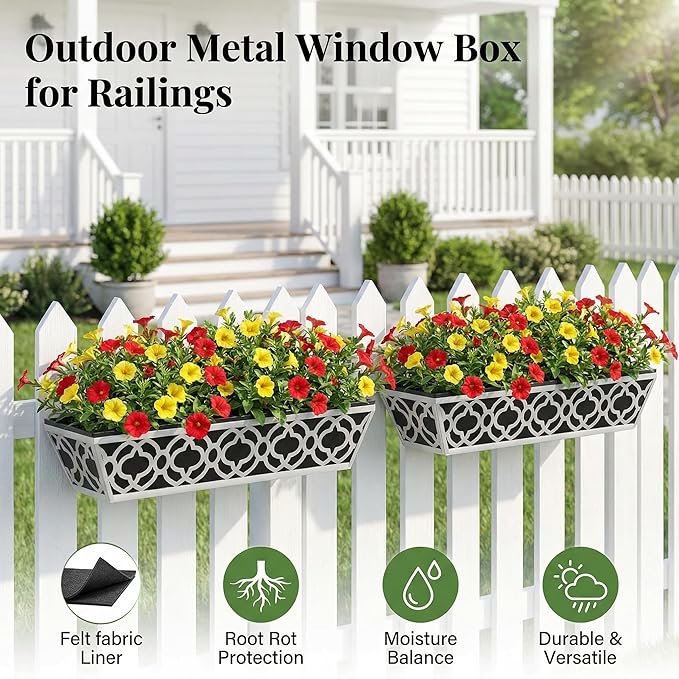 HFHOME 2 Pack 24 Inch Railing Planter Boxes with Adjustable Brackets & Non-Woven Fabric Liner Adjustable Gray Metal Window Box Planter for Balcony Deck Fence, Hanging Flower Basket for Outdoor Garden