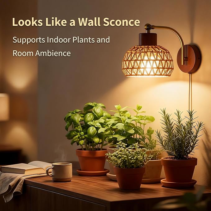 Hanging Grow Lights for Indoor Plants, Auto Cycle Timer, 18W Full Spectrum Wall Mounted Grow Light, Boho Rattan Lantern Shade, Adjustable Head, 16 FT Power Cord for Indoor Plant Growing, Flowers