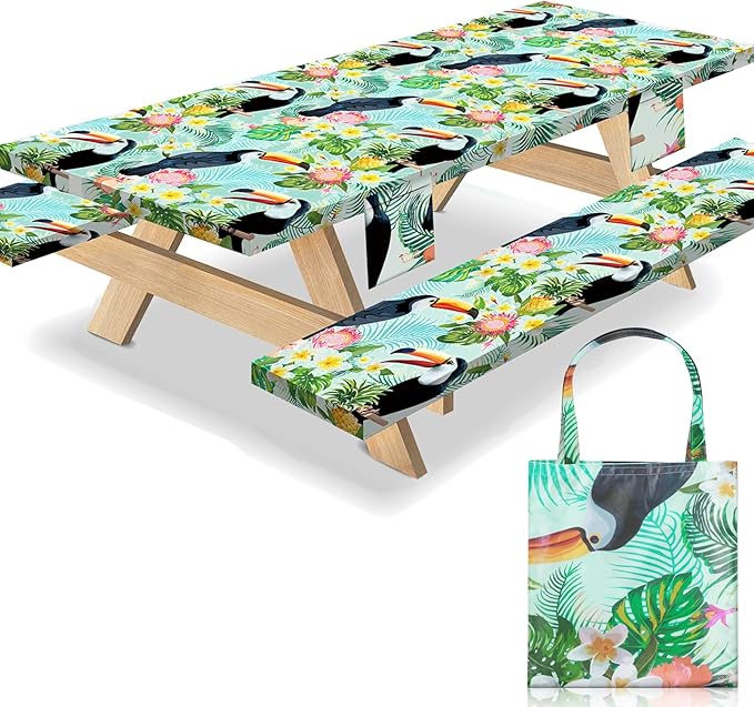 Fitted Waterproof Picnic Table Cover with Bench Covers Heavy Duty Elastic Outdoor Camping Tablecloth for 6 Foot Rectangle Tables Summer Rv Accessories Patio Garden Road Trip Essentials Gifts