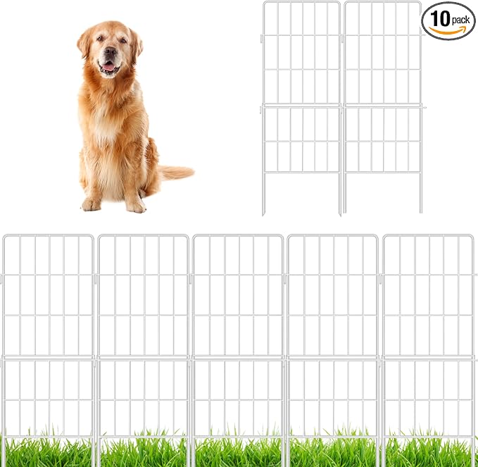 ShopLaLa Decorative Garden Fence Outdoor (10 Panels) 12.5in(L) x 31in(H) Animal Barrier Fencing Rustproof White Classic Metal Wire Flower Edging for Landscape, Small Dog Fences Backyard Patio Decor