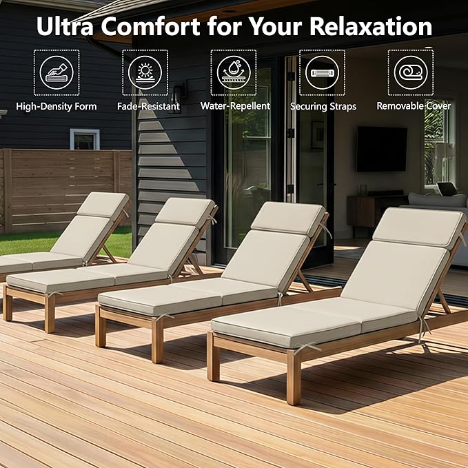 72 x 21 Inch Outdoor Chaise Lounge Cushions Set of 4 - Removable Cover, 4-Section Design, Water-Repellent & Fade-Resistant, 6 Tie Straps, Replacement for Patio & Pool Chairs - Cream