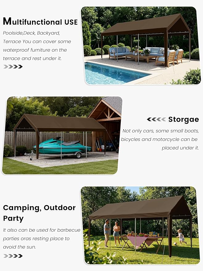 10 x 20 Ft Carport Replacement Cover, Heavy Duty Outdoor Car Tarp Canopy, Waterproof & UV Protected Tear Oxford Tarp with Ball Bungees (Frame is Not Included)