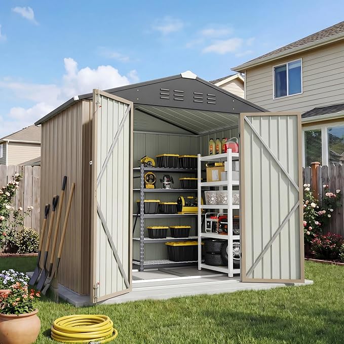 Patiowell 6x4 FT Outdoor Storage Shed with Floor Frame, Metal Garden Patio Sheds with Sloping Roof and Lockable Door, Waterproof Steel Tool Shed for Backyard Garden Lawn, Brown