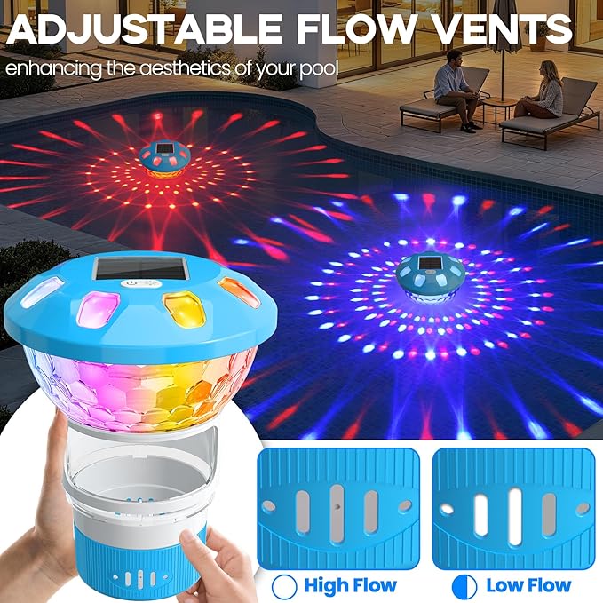 Pool Chlorine Floater, Solar Chlorine Floater with Colorful Lights, 3 Inch Chlorine Tabs Floater w/Adjustable Flow, Button Control Floating Chlorine Dispenser for Pools, Hot Tubs, Light Blue