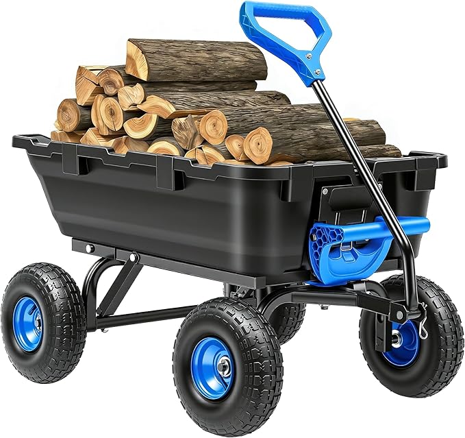 900LB Garden Dump Cart, 2026 Upgraded Heavy Duty Wheelbarrow Cart with 10" Non-Slip Pneumatic Tires & Quick-Release System, 4-Wheel Steel Frame Wagon for Transportation in Yard, Farm, Garden